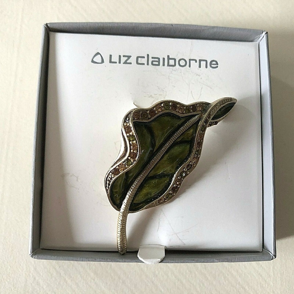 Gorgeous Vintage Liz Claiborne Green Leaf  Rhinestone Enamel Brooch Pin New J1